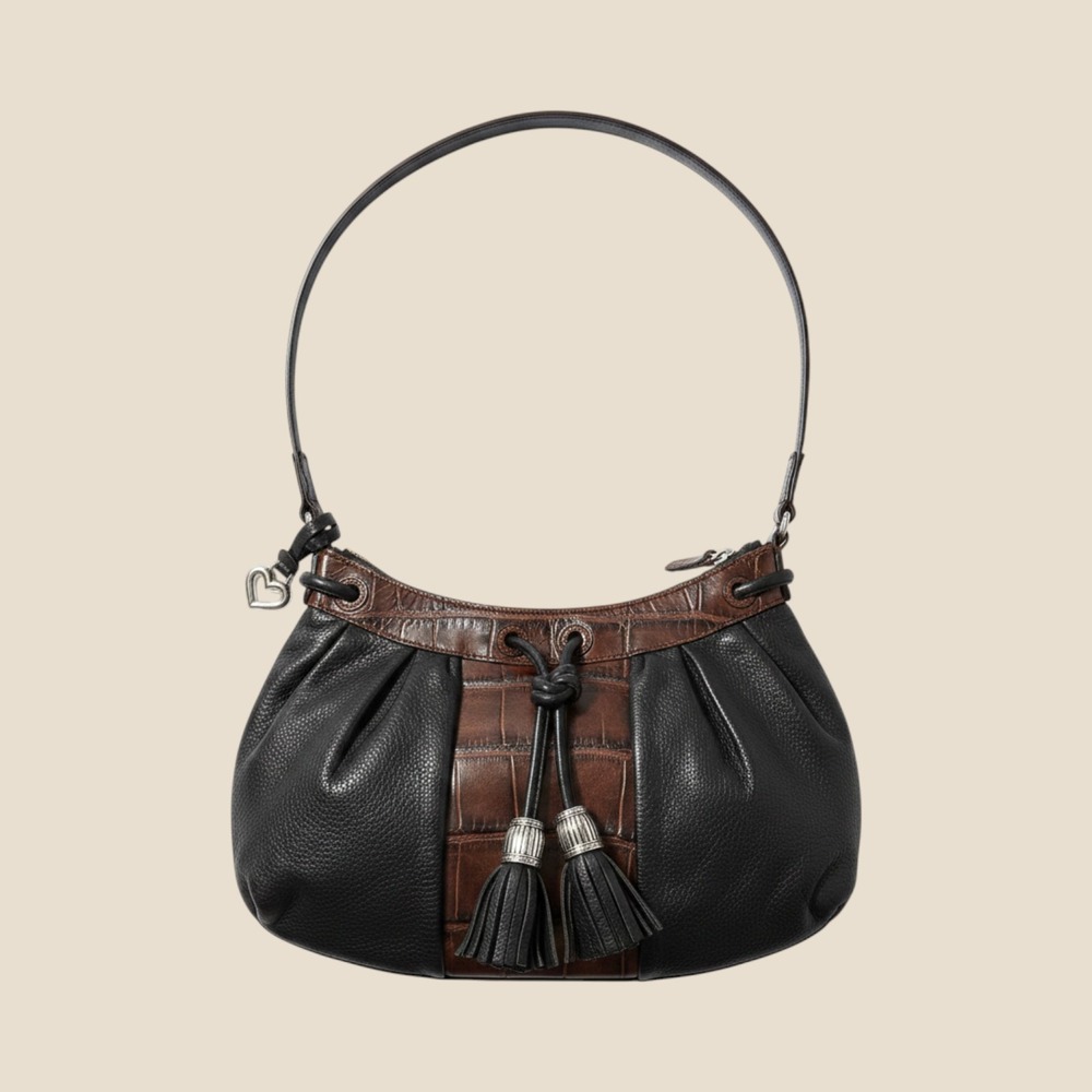 Brighton black brown leather hobo bag textured embossed‎ finish silver tassels